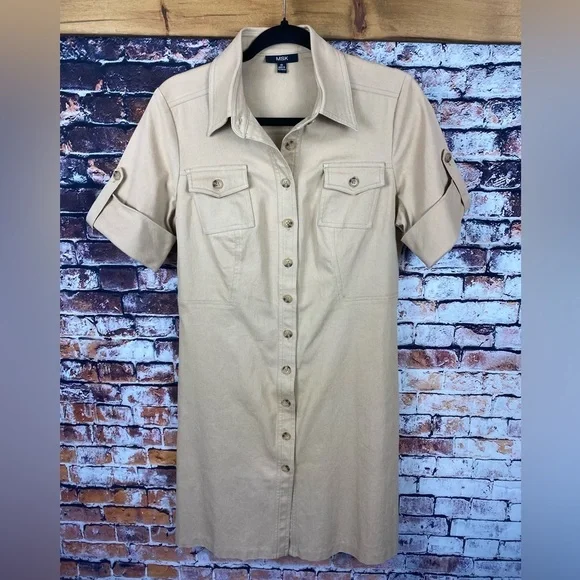 MSK Tan Button-Up Short Sleeve Shirt Cotton Dress Sz M - Picture 3 of 13